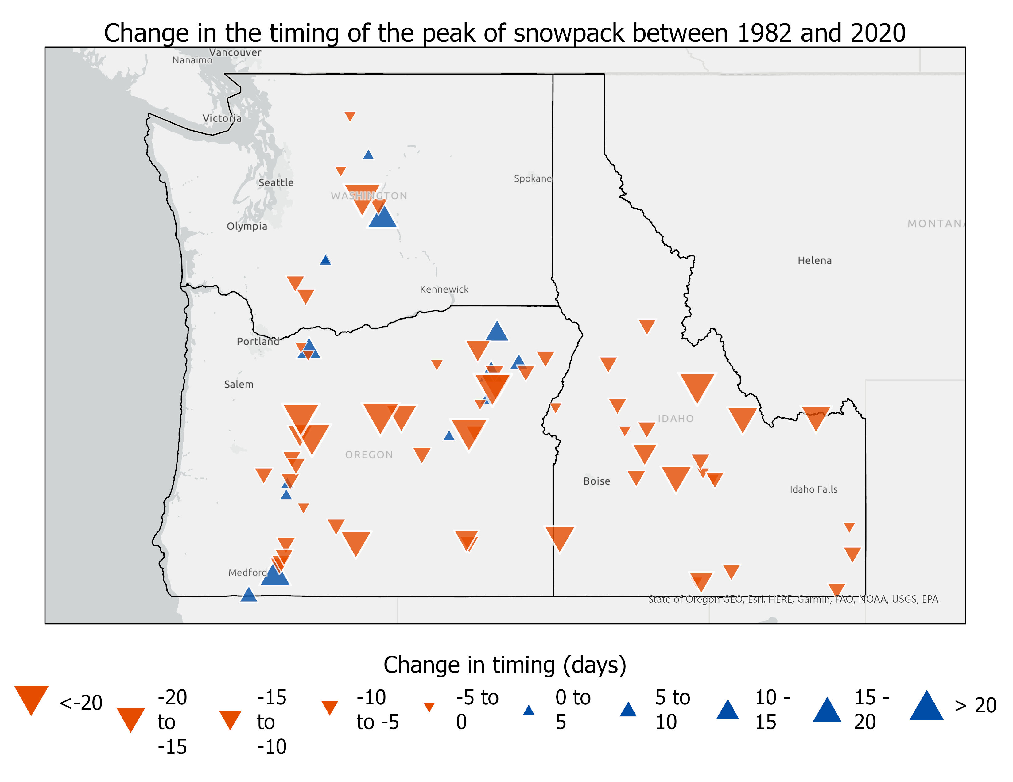 Map of changes to the date of peak snowpack