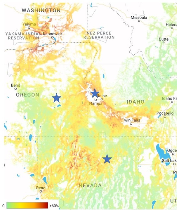 A map of the three fuel break sites in Nevada, Idaho, and Oregon.