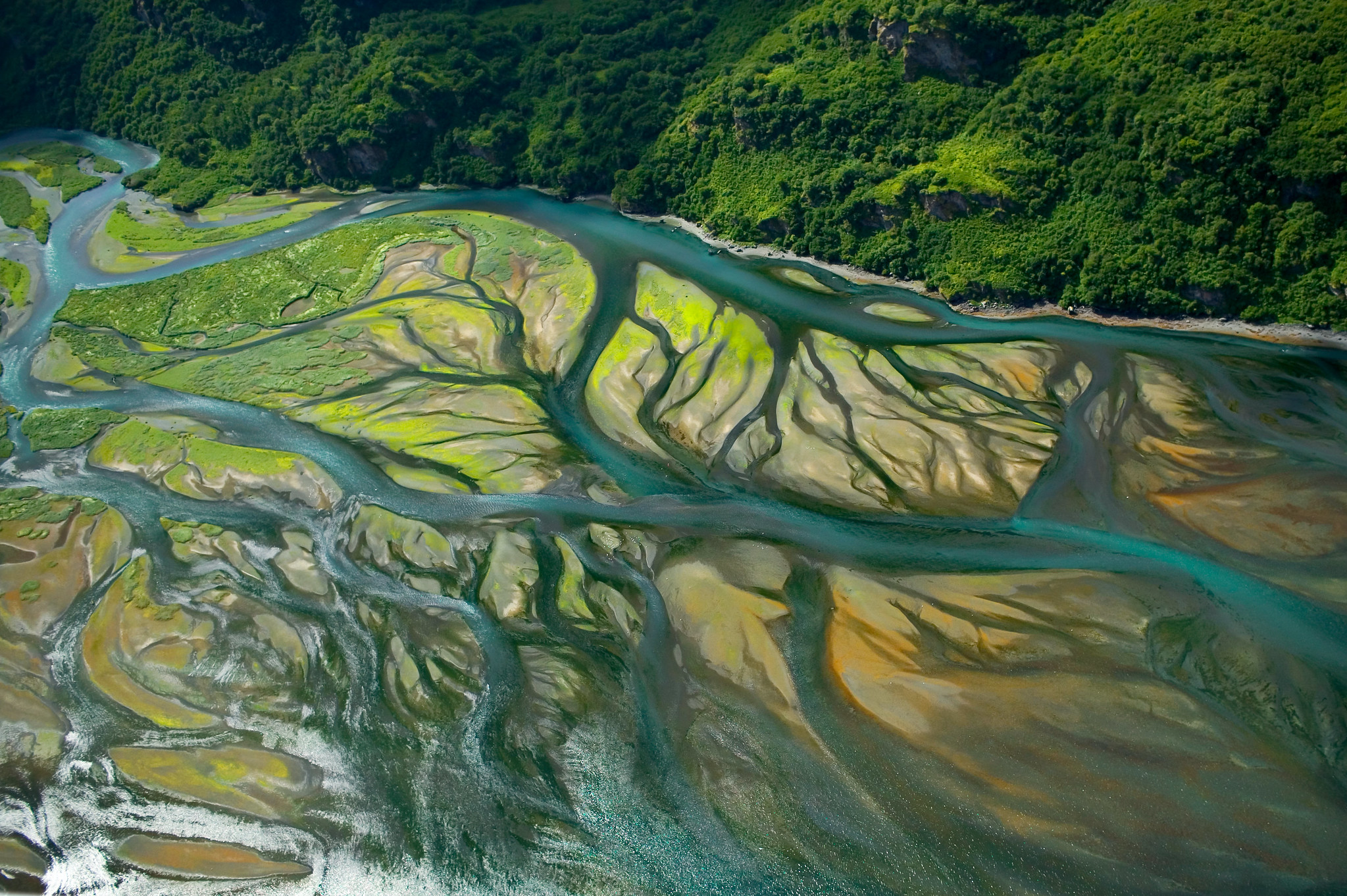 A glacial river branches out in a broad coastal delta and meets the North Pacific Ocean. Credit: Steve Hillebrand/USFWS,