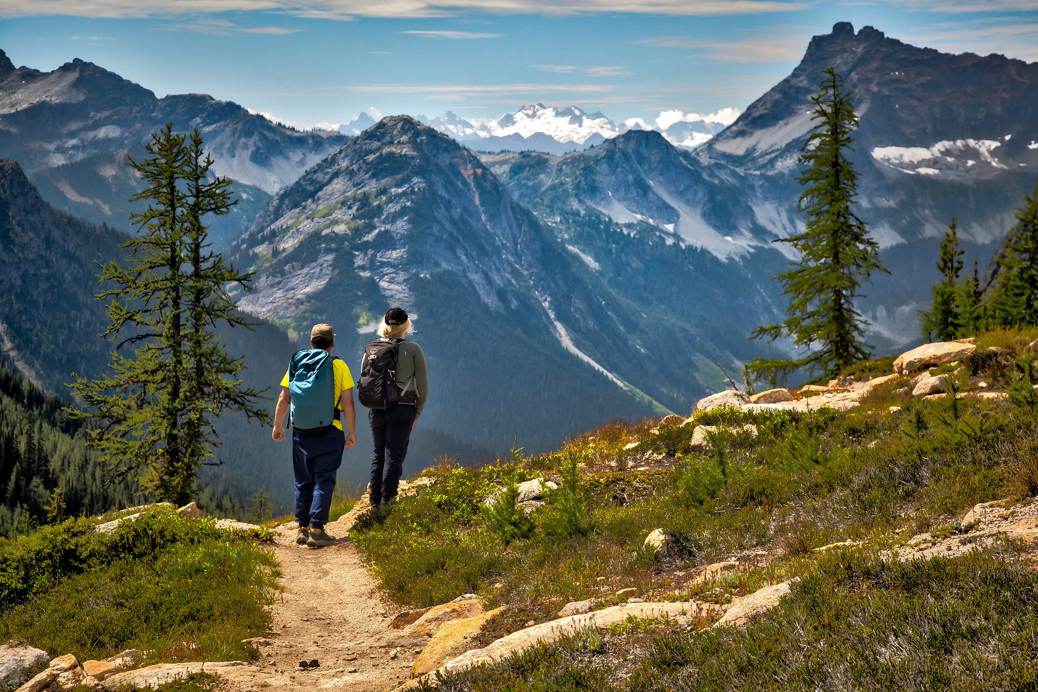 Hikers walk down a trail in Washington.