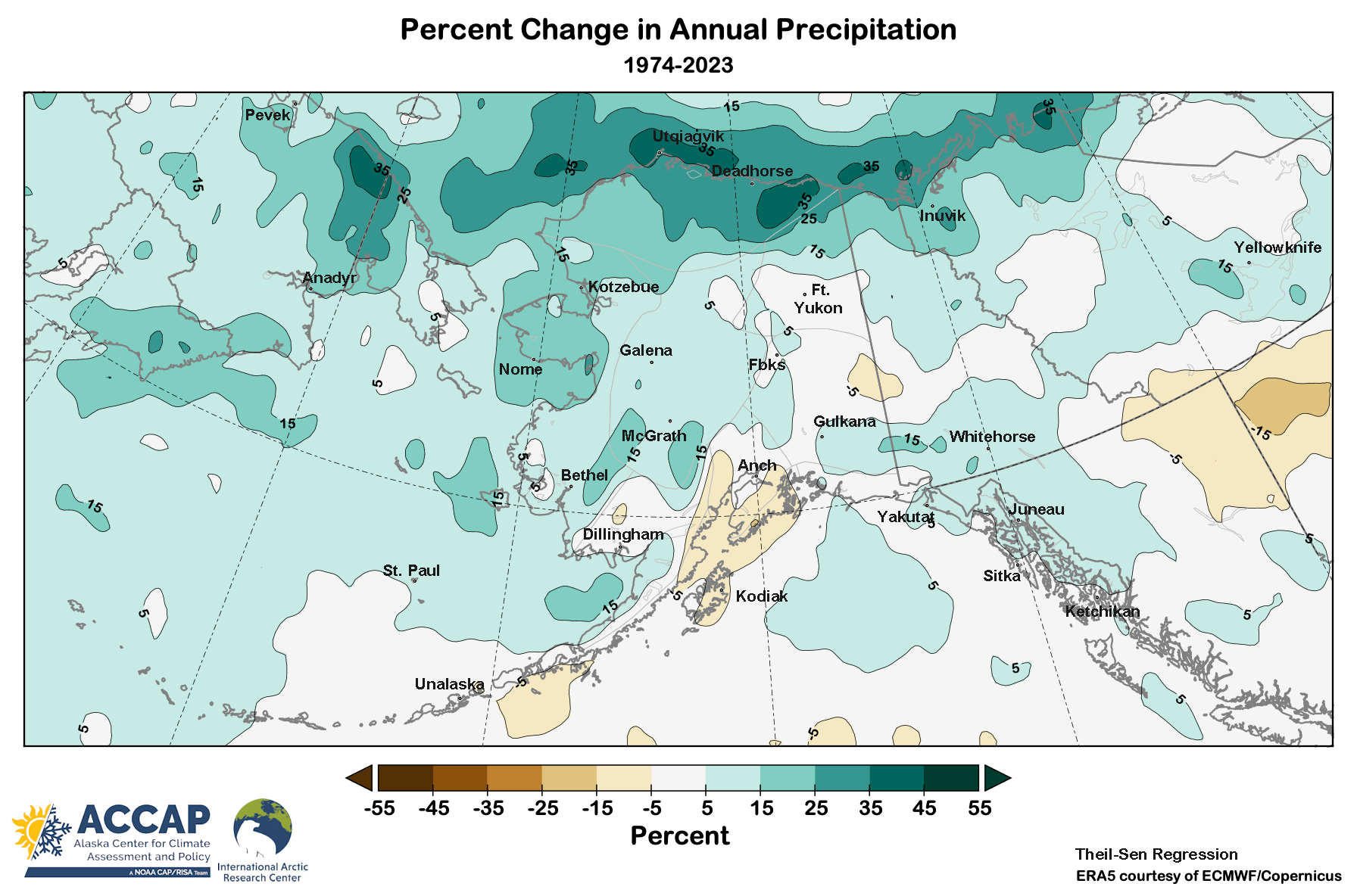 A map depicting changes to annual average precipitation in Alaska over the past fifty years. 