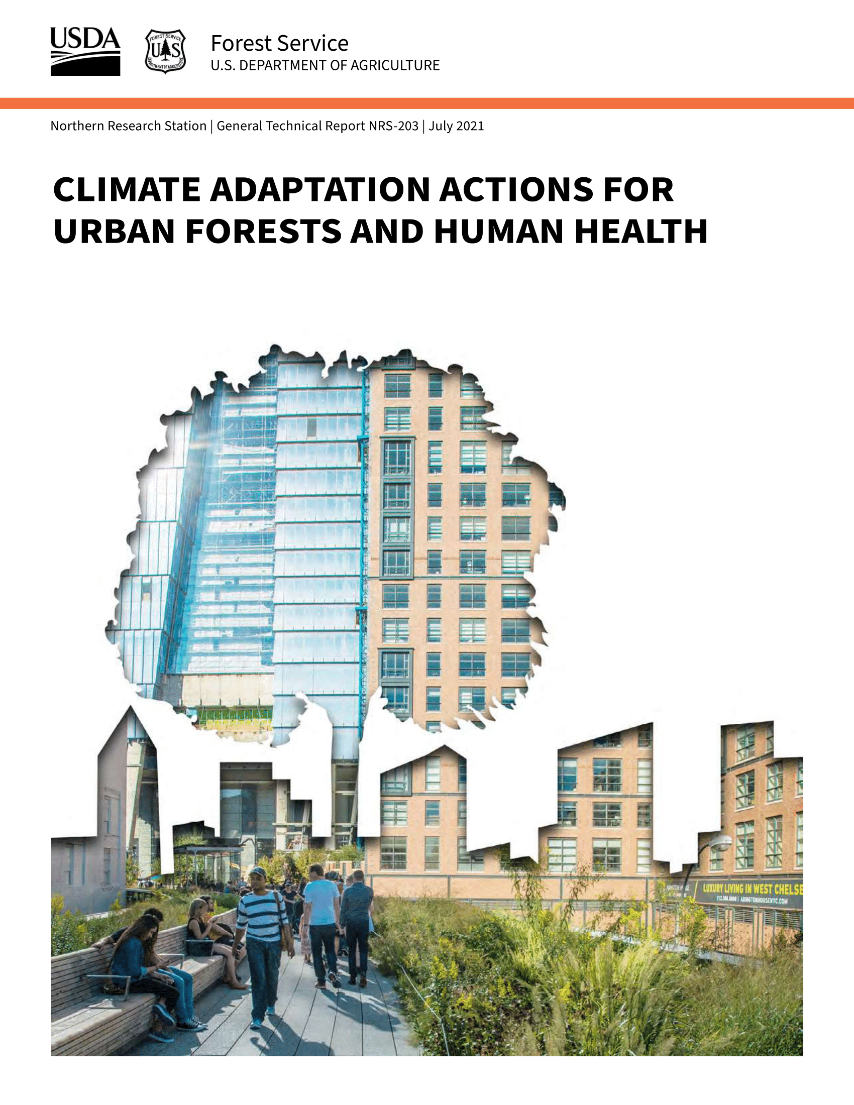 Climate and health menu publication cover - a tree and skyline silhouette superimposed over urban imagery