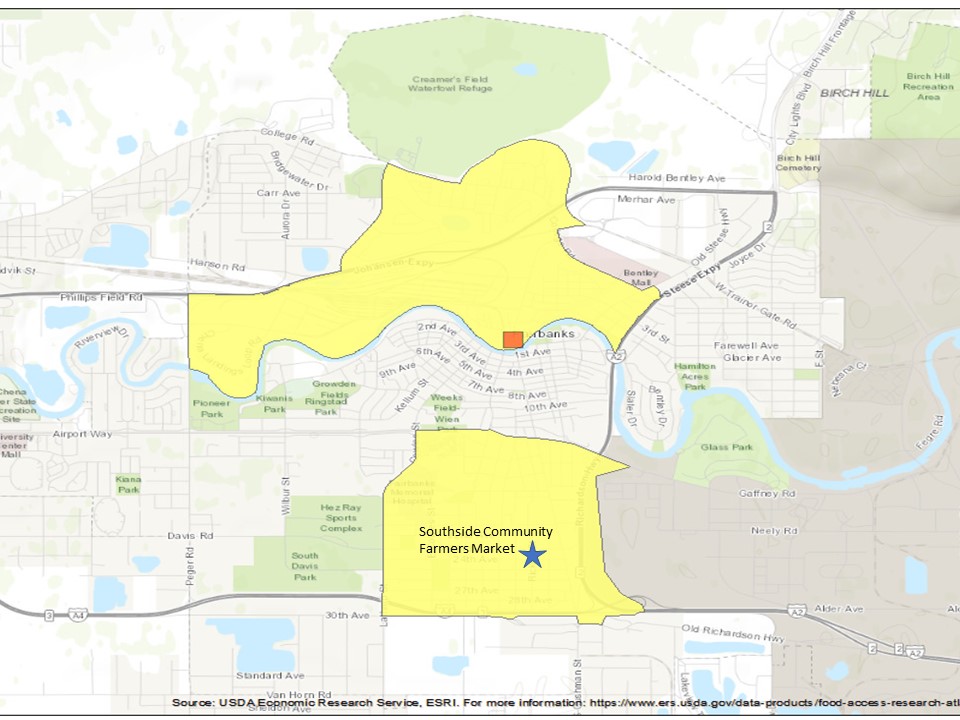 A map showing where food deserts exist in Fairbanks, Alaska.