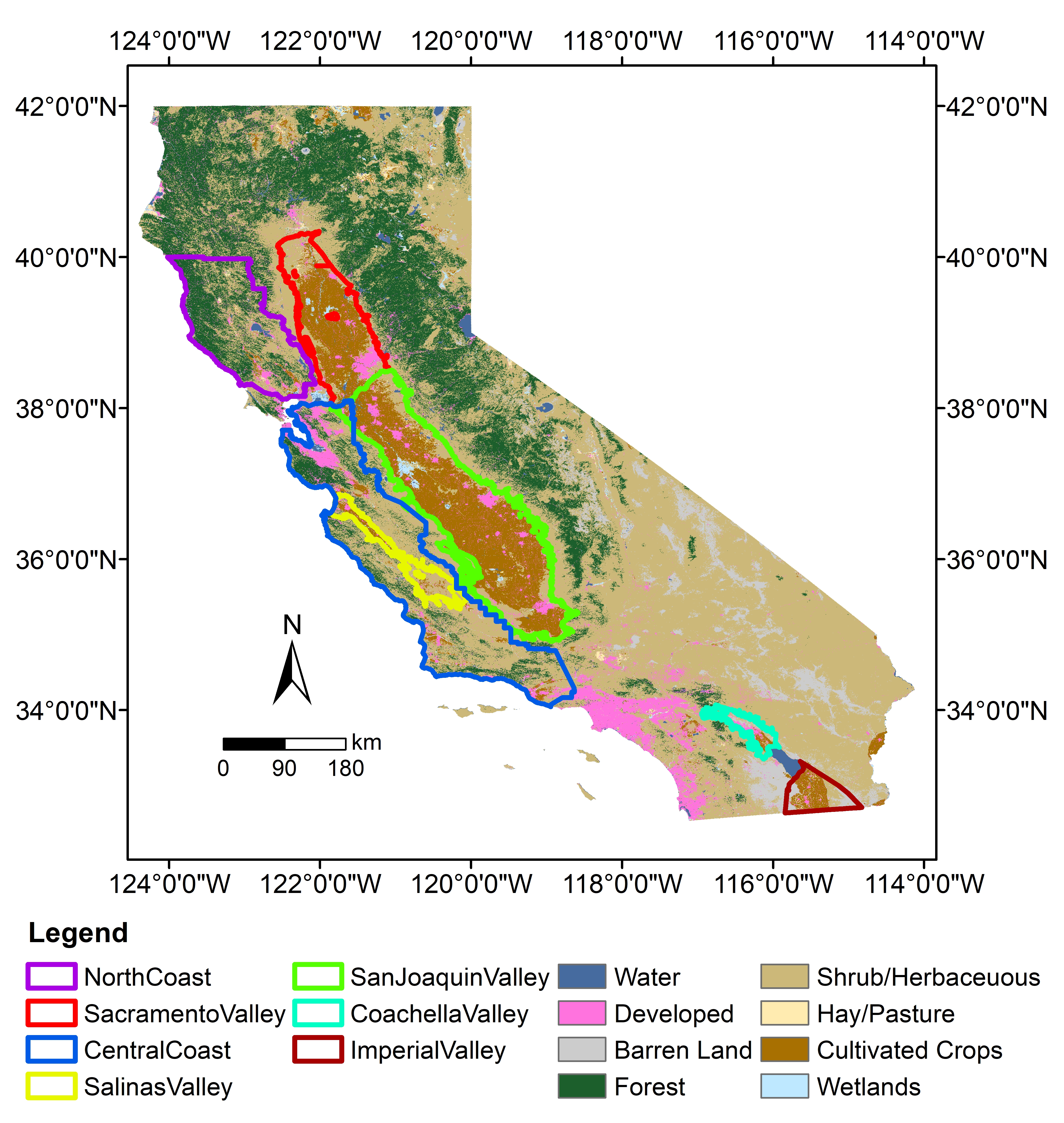 A map of California with major agriculture regions outlined