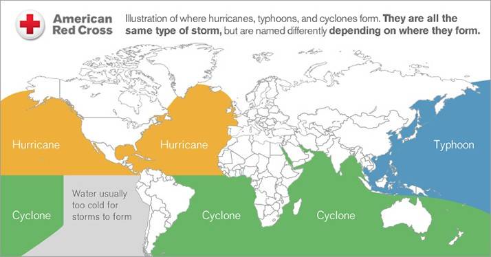A graphic showing the geographical difference between hurricanes, typhoons, and cyclones. 