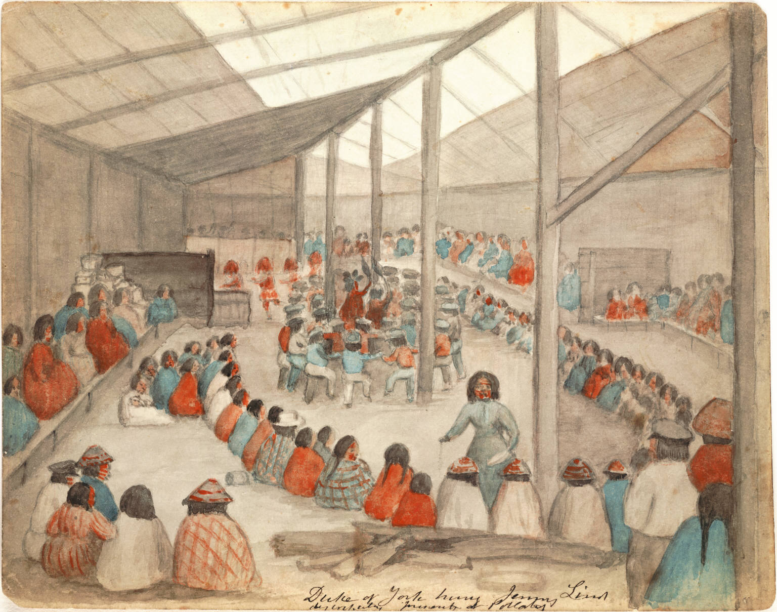 a watercolor of a potlatch. People are gathered in a large building with wooden beams down the center. People are sitting in a circle surrounding a group of people dancing. People are wearing red-orange and light blue clothing.