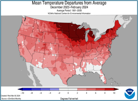 Mean temperature departures from average December 2023-February 2024 U.S. map