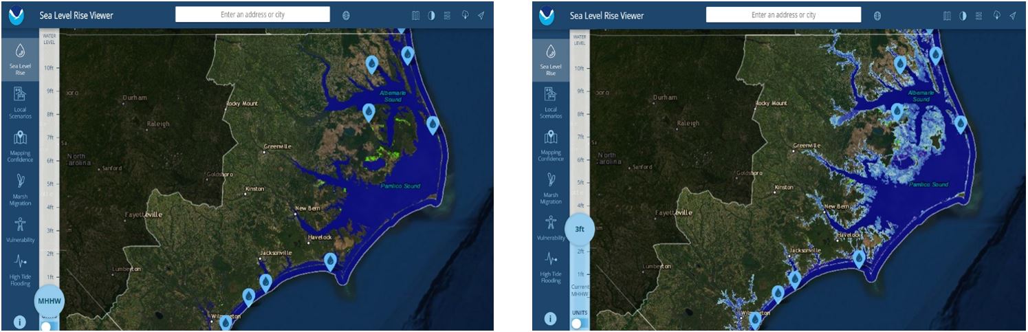 Screenshots from the NOAA Sea Level Rise Viewer showing parts of the east coast, including North Carolina’s Albemarle-Pamlico Peninsula, at the current sea level (left) and with a 3-foot rise in sea level (right).