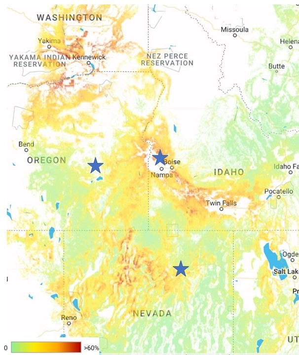 A map of the three fuel break sites in Nevada, Idaho, and Oregon.