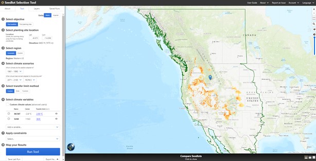 Screenshot of the Seedlot Selection Tool showing most of North America and noting a planting site in Idaho (blue marker) and areas that match the climate the seedlots are adapted to as indicated by orange colors (with darker orange indicating a closer match) in the western U.S (green outline).