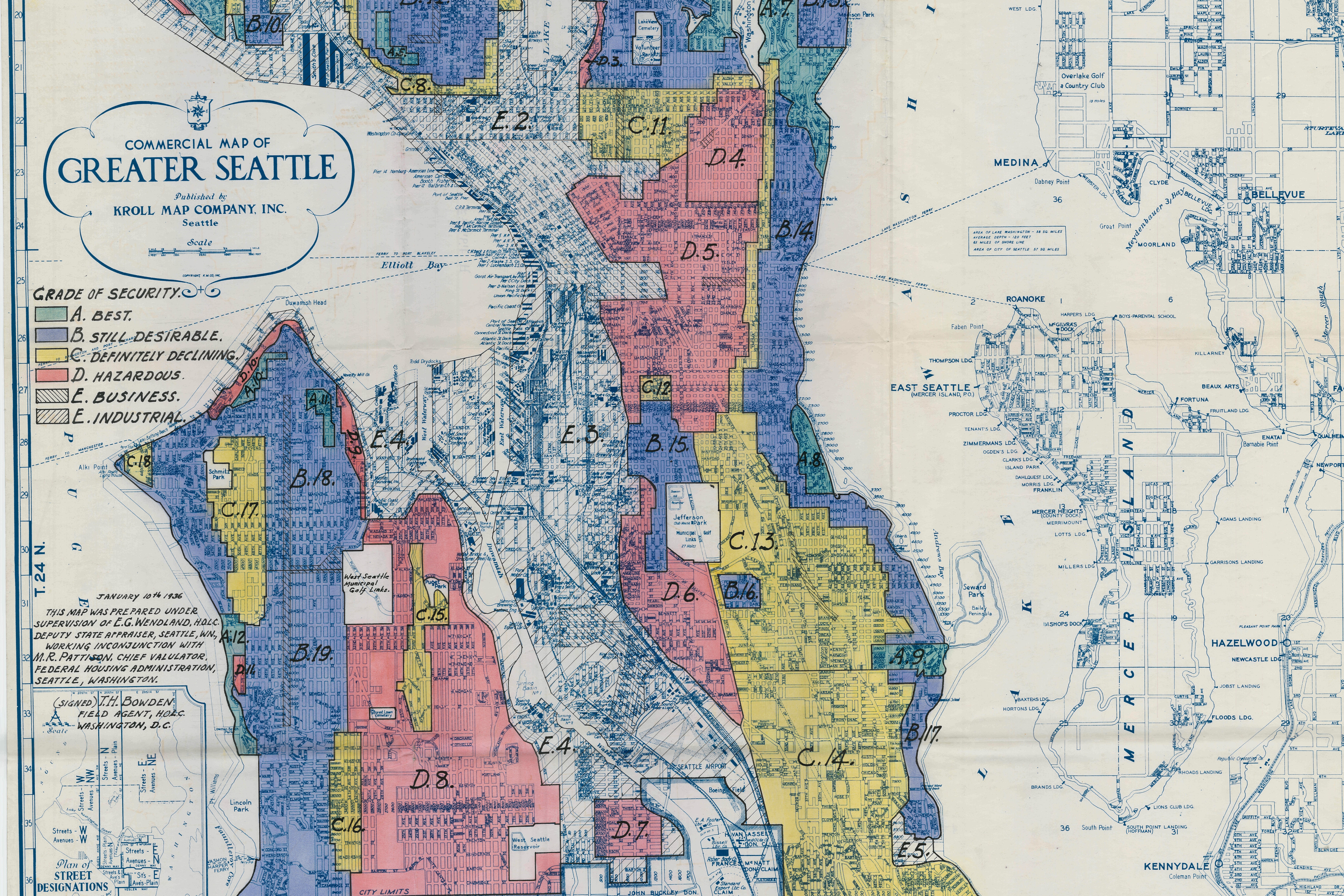 map of redlined communities in Seattle in 1936.