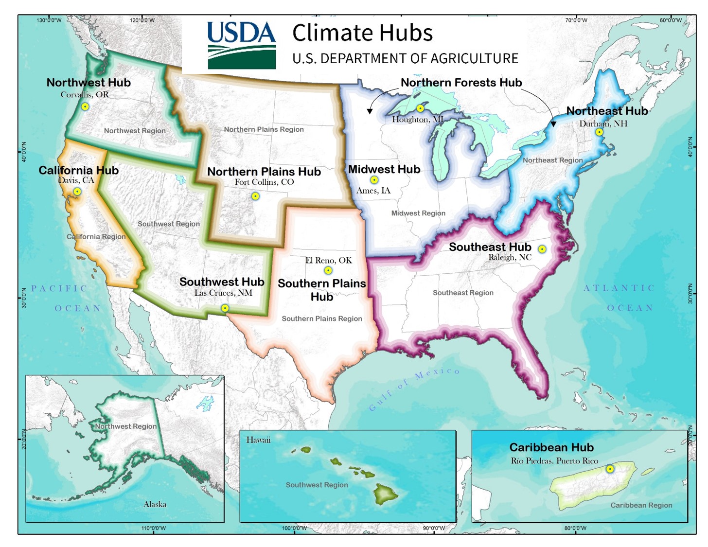 A map of all of the Climate Hubs in the United States.