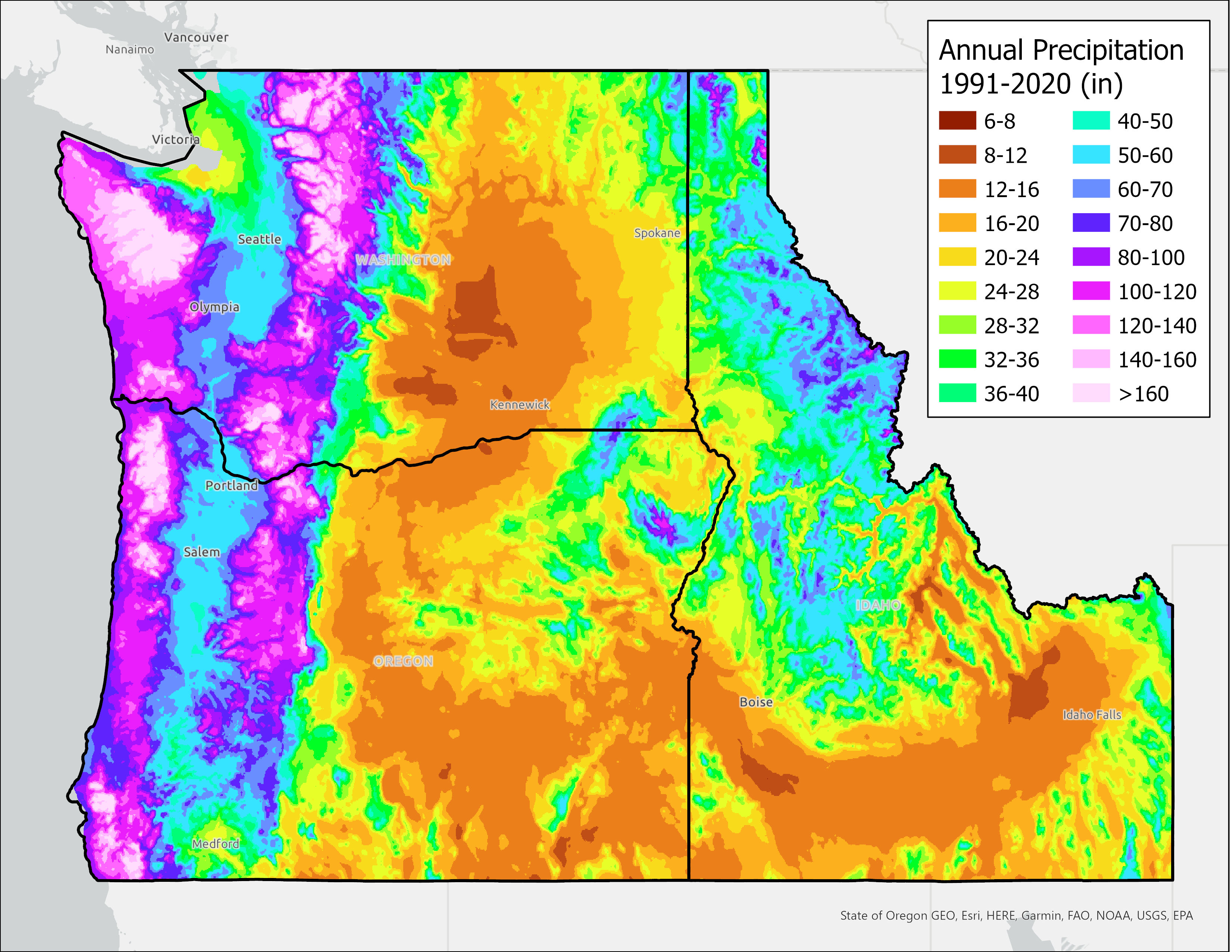 A map of annual precipitation in Oregon, Idaho and Washington