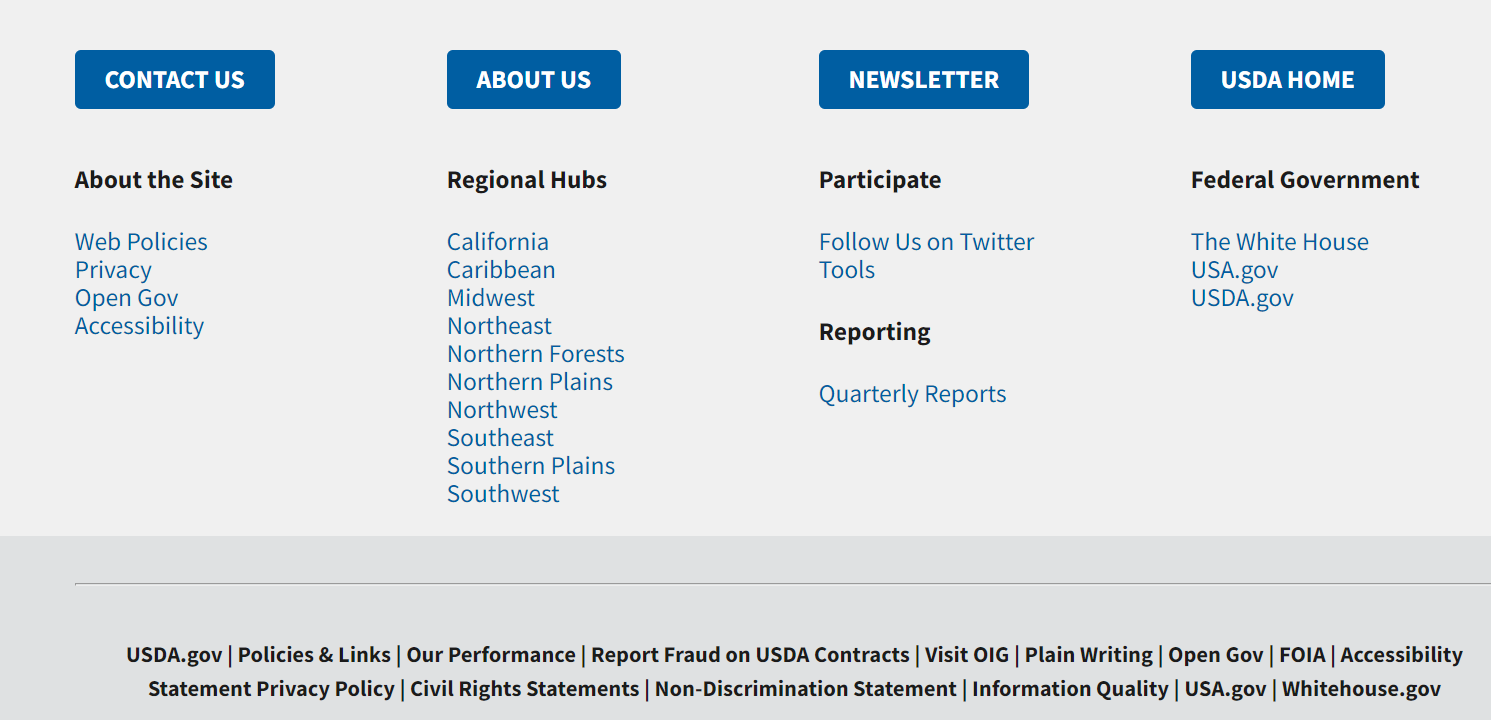 screenshot of the very bottom of the Northwest Climate Hub landing page that shows the sitemap