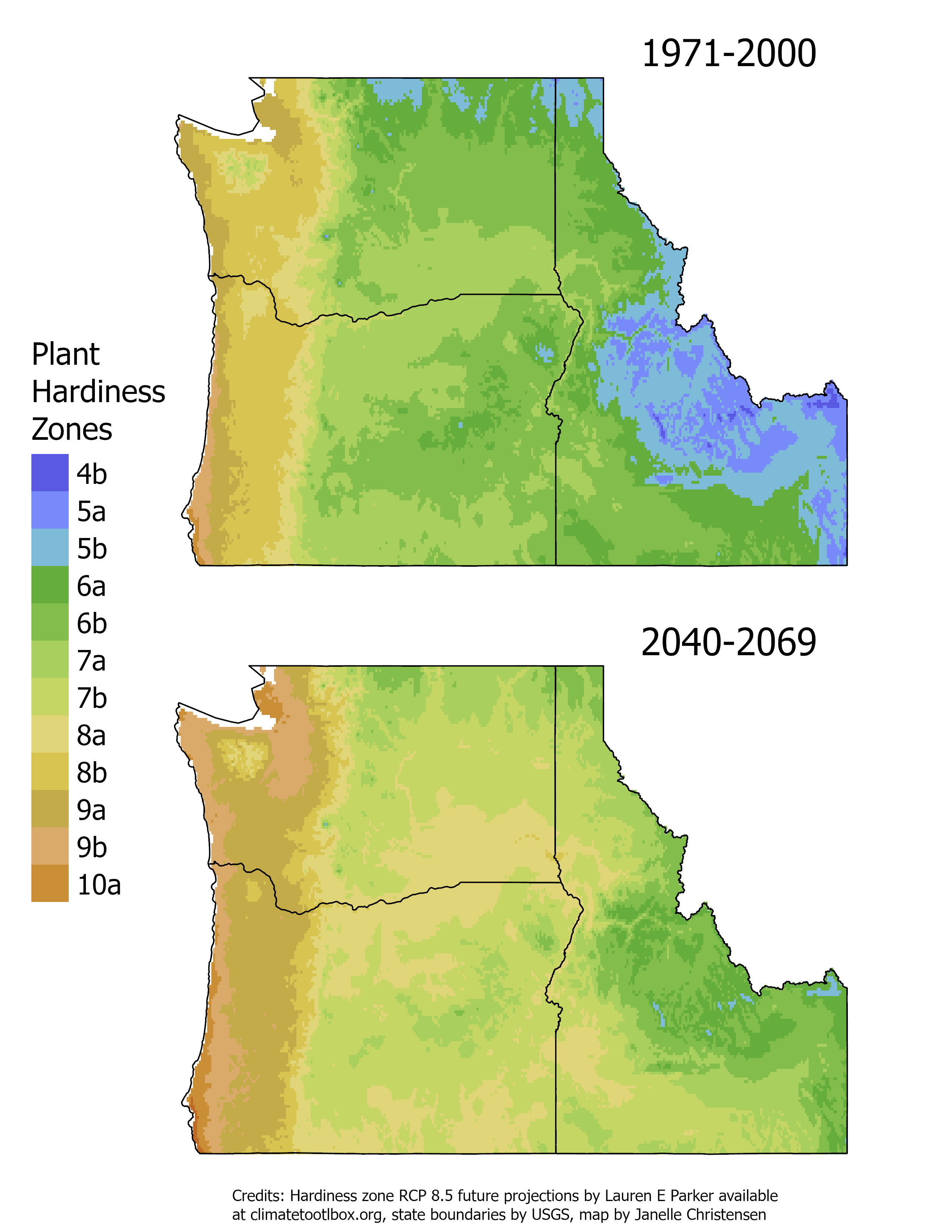 Two maps: the first shows hardiness zones now and the second shows hardiness zones in 2040. In the second map, hardiness zones have shifted northward.