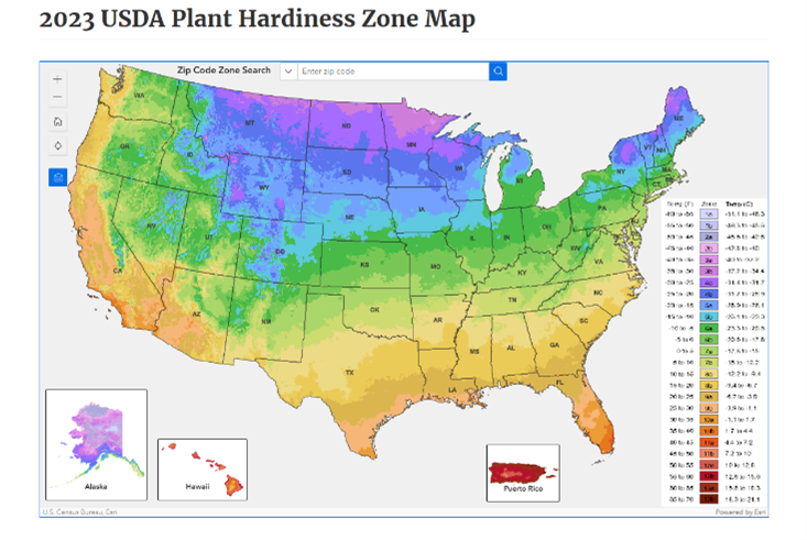 The USDA Plant Hardiness Zone Map is the standard by which gardeners and growers can determine which perennial plants are most likely to thrive at a location. The map is based on the average annual extreme minimum winter temperature, displayed as 10-degree F zones and 5-degree F half zones. 