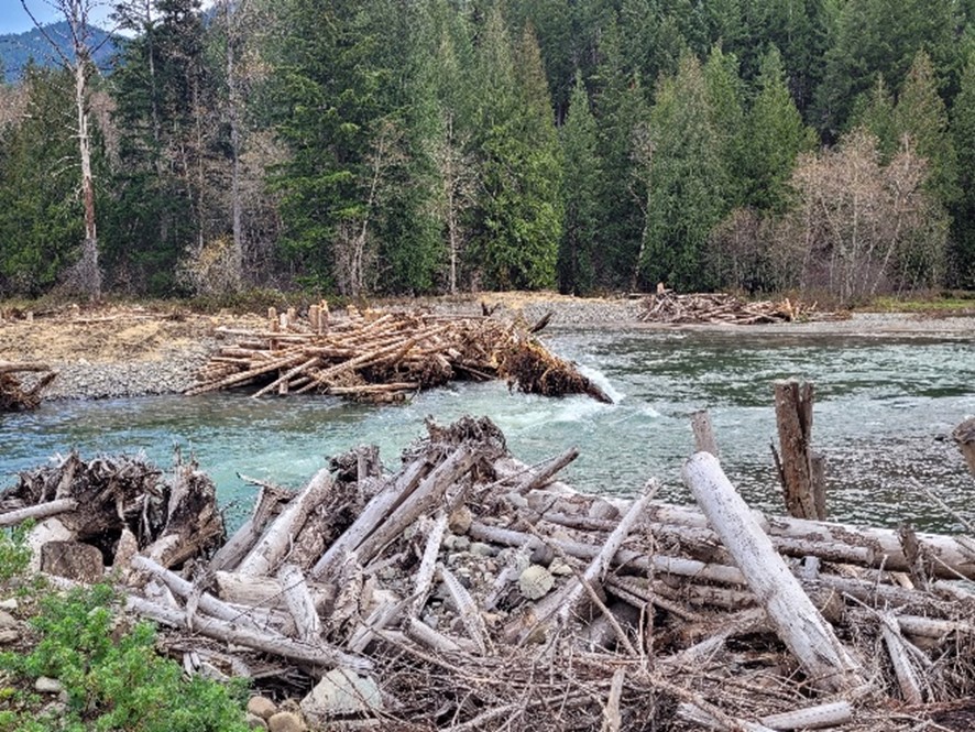 two log jams on either side of a flowing river