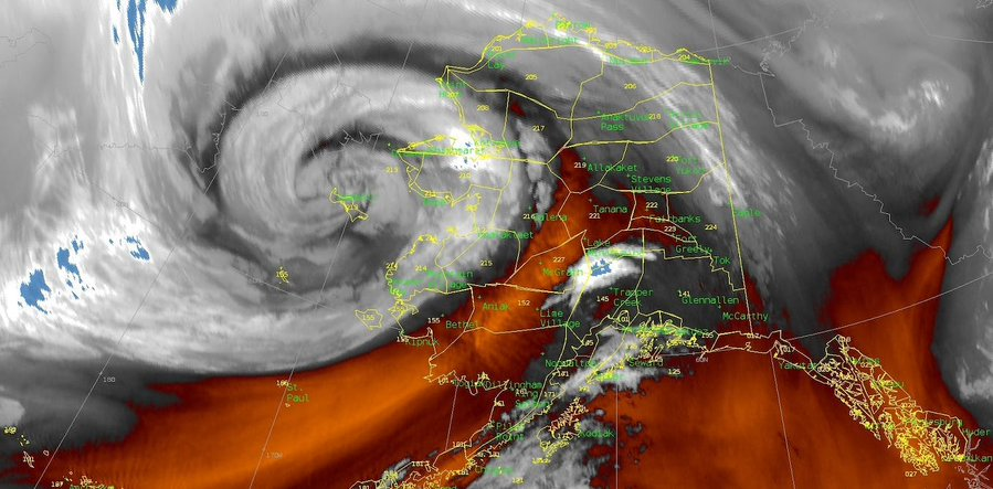 A satellite image of ex-typhoon Merbok whirling above the Bering Sea and Alaska.