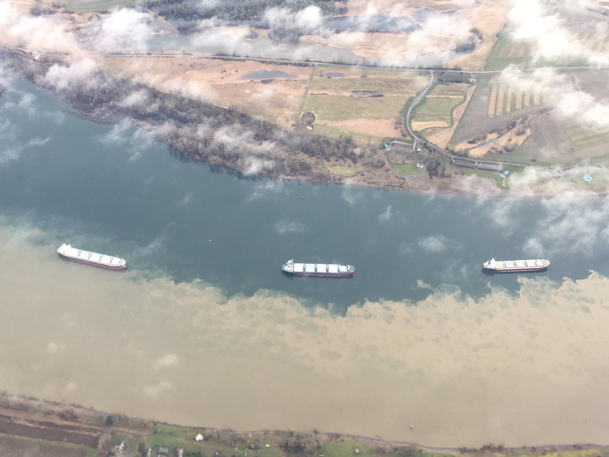 Brown soil enters the water of the Columbia river 