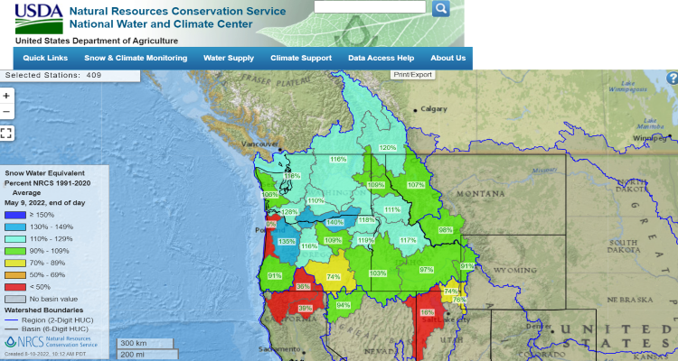 a map that shows percent of normal in basins in the northwest