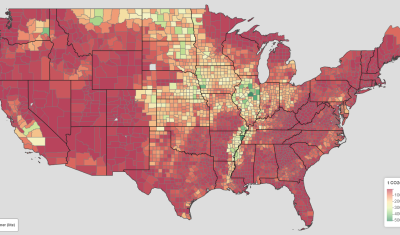 A map of the U.S. showing historical and projected greenhouse gas mitigation potentials on US agricultural lands