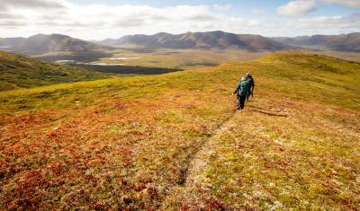 Two hikers walk along a ridge in Alaska.