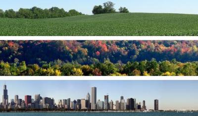 The Midwest includes agricultural lands, forests, and urban areas.