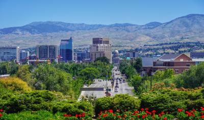 The skyline of downtown Boise, Idaho with greenery in the foreground.