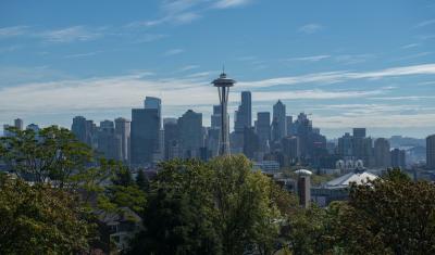 An image of the Seattle space needle with urban trees in the foreground