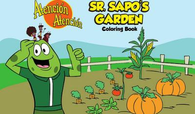 Señor sapo cartoon standing in front of a vegetable garden