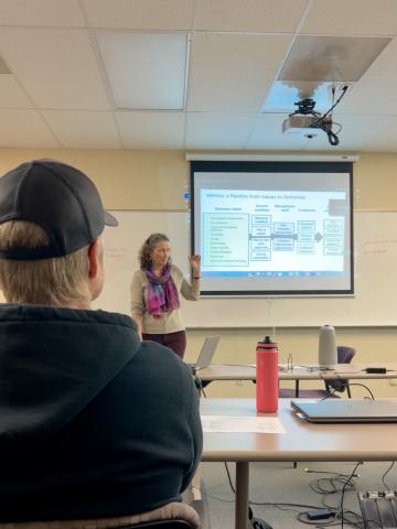 Patricia Manley stands at the front of a classroom, giving a presentation on ForSys.