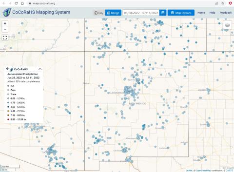 Screen capture of CoCoRaHS Interface centered over New Mexico, Arizona, West Texas