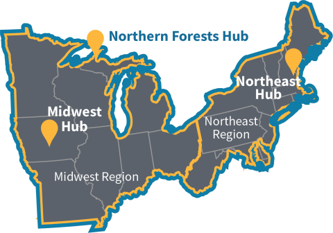 Map of 20 states covered by the Northern Forests Climate Hub