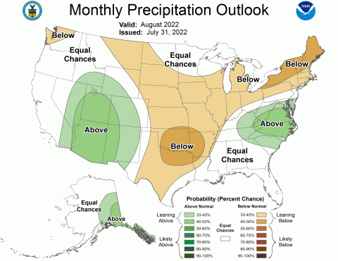 National Weather Service official 30 day outlook for precipitation (August, 2022)