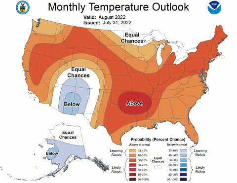 National Weather Service official 90 day outlook for temperature (August 2022)