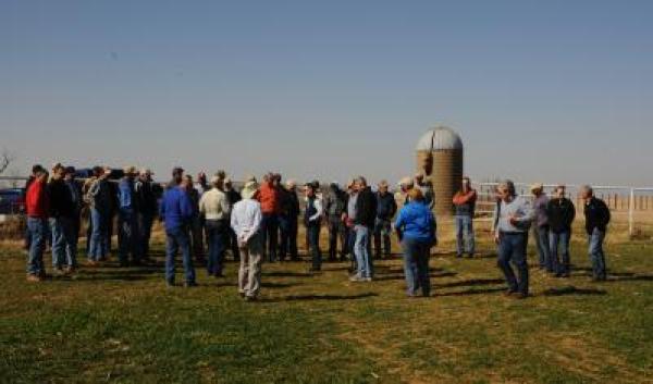Large group of people standing in front of silo at El Reno field day