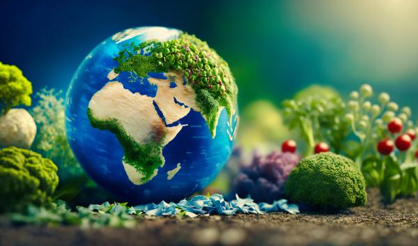 globe background with vegetables representing global agriculture and nutrition