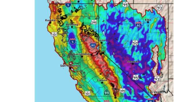 A map of forecast storm precipitation totals over California and Nevada