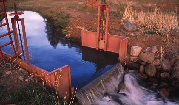 Small irrigation ditch known as an acequia, with gate to control water flow