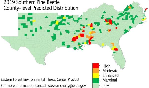 2019 southern pine beetle predicted distribution and severity map from the new USDA Forest Service Southern Pine Beetle Outbreak Model forecasting the level of southern pine beetle risk in all southeast US counties