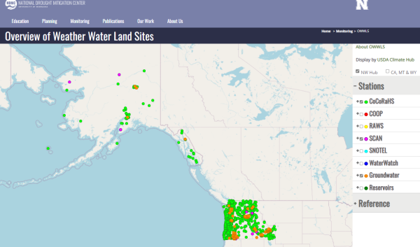 Screenshot of OWWLS that shows data points in Alaska, Idaho, Oregon, and Washington