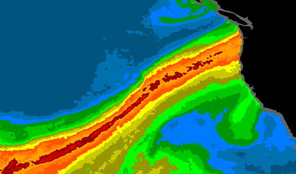 A map that shows a band of water extending from the tropics to the U.S. West Coast