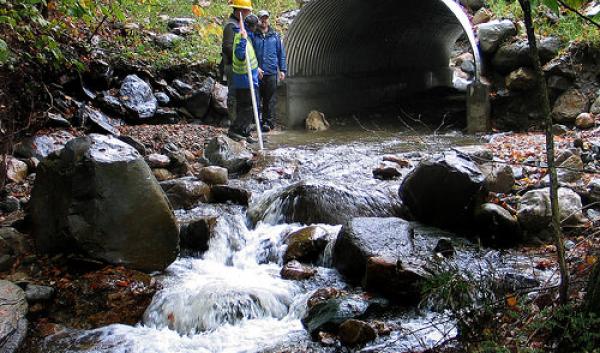 A newly constructed stream simulation culvert on the George Washington National Forest.